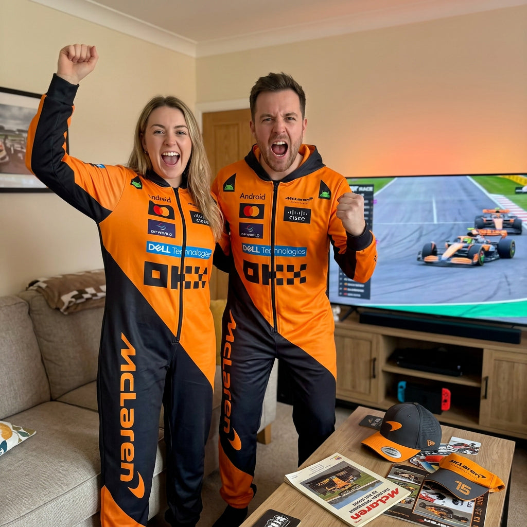 Couple in matching papaya McLaren F1 jumpsuits with sponsor logos cheering at home with a race on TV