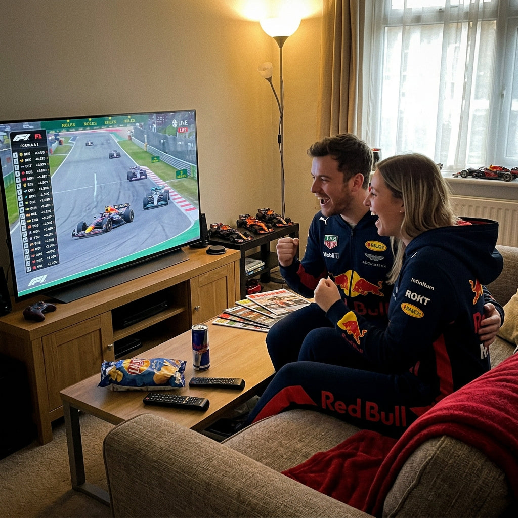 Couple in navy Red Bull Racing 2015 throwback hoodies cheering at an F1 race on TV with Red Bull and model F1 cars