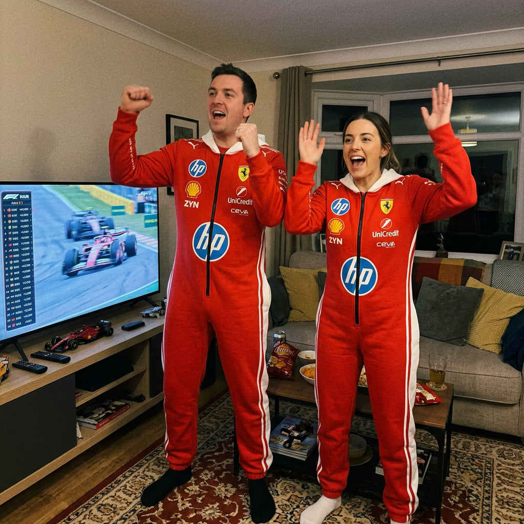 Couple in matching red Ferrari F1 hooded jumpsuits cheering at a 2026 race watch party in front of a TV showing live Formula 1
