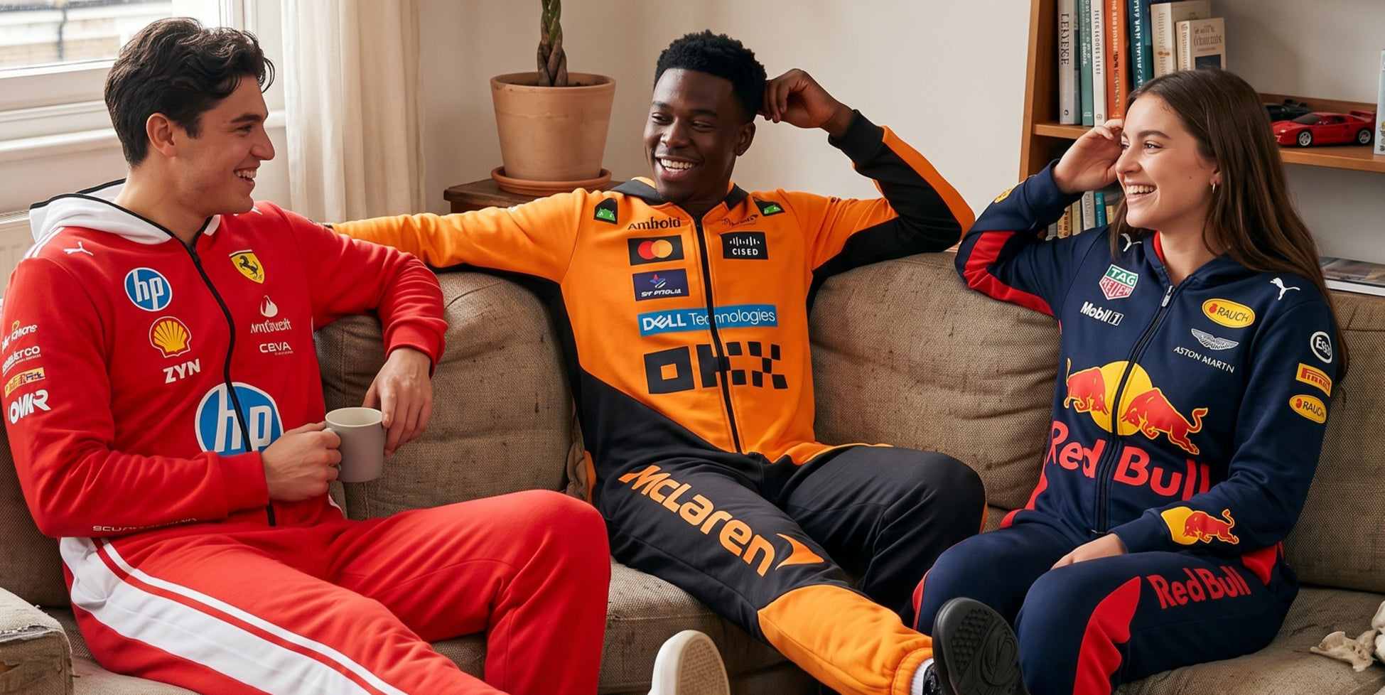 Formula 1 racing suit jumpsuits collection featuring Ferrari, McLaren and Red Bull hooded team replica suits