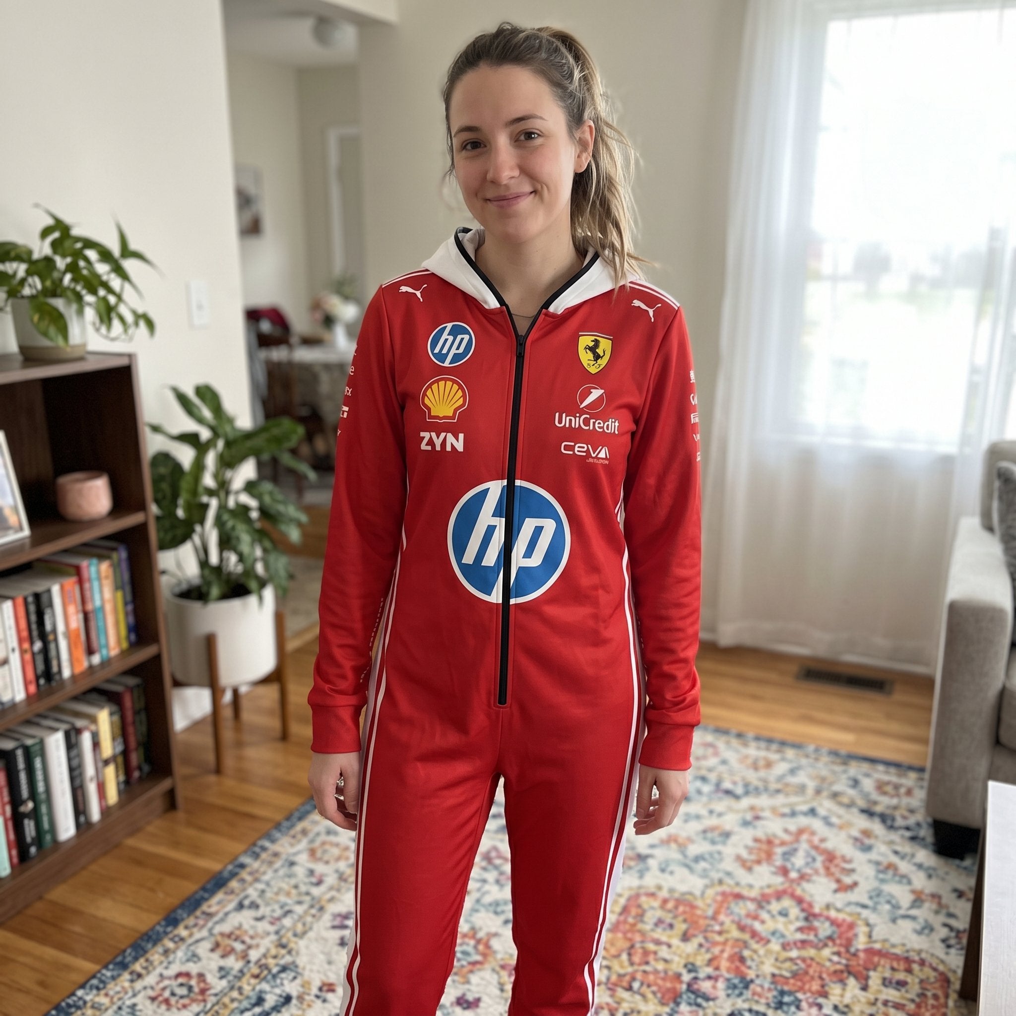 Woman wearing red Ferrari F1 jumpsuit with white side stripes, full zipper and Puma, Shell, UniCredit, Ceva patches