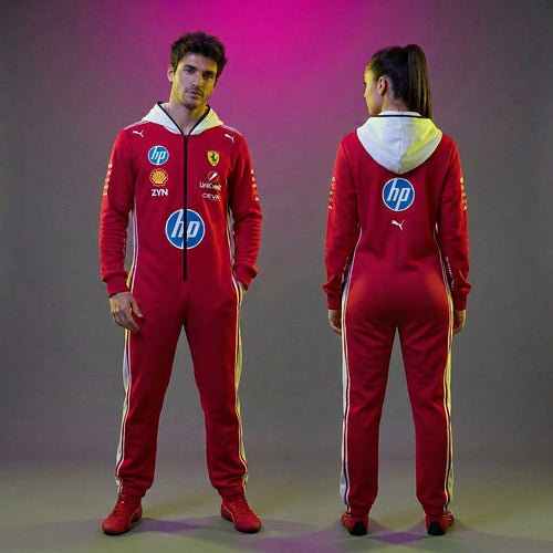 a man and a woman showcasing the back and the front of a ferrari racing suit jumpsuit