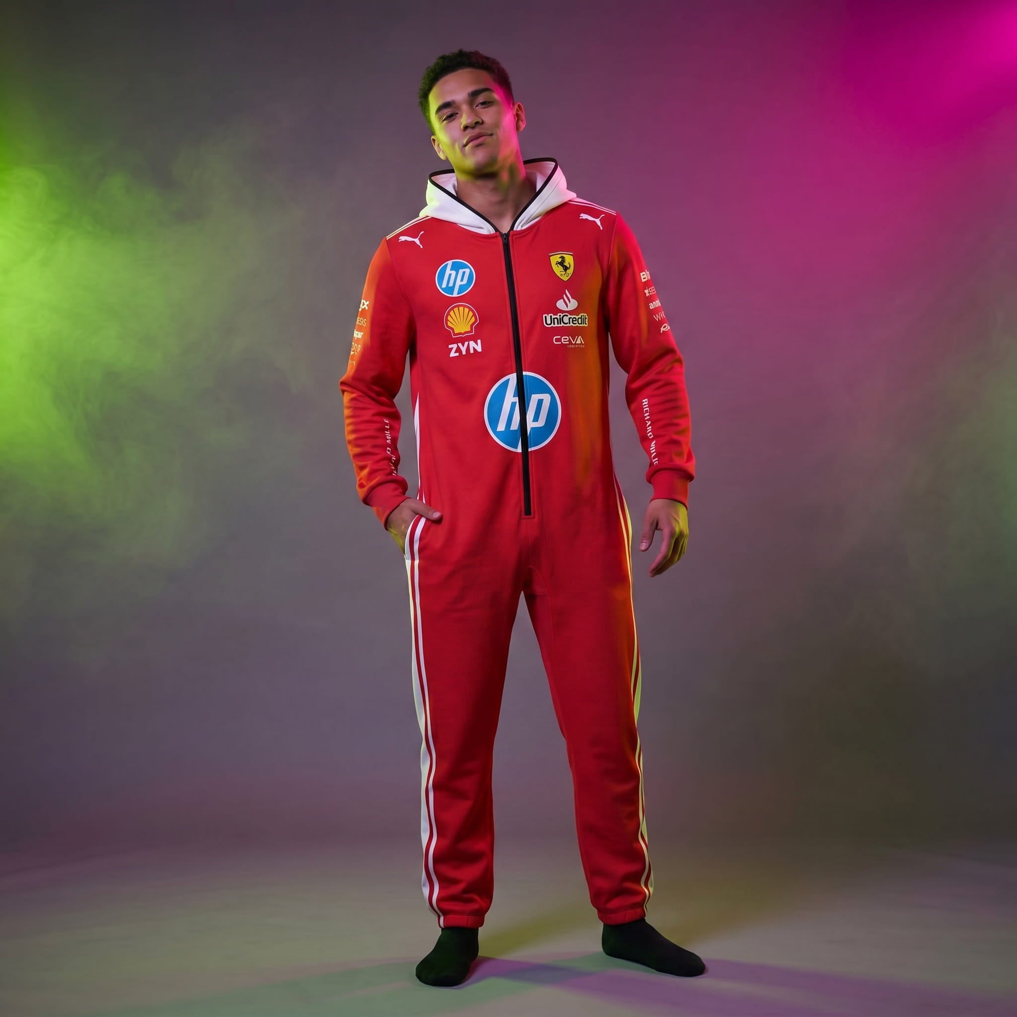 a male model posing for a photo wearing a ferrari racing suit jumpsuit
