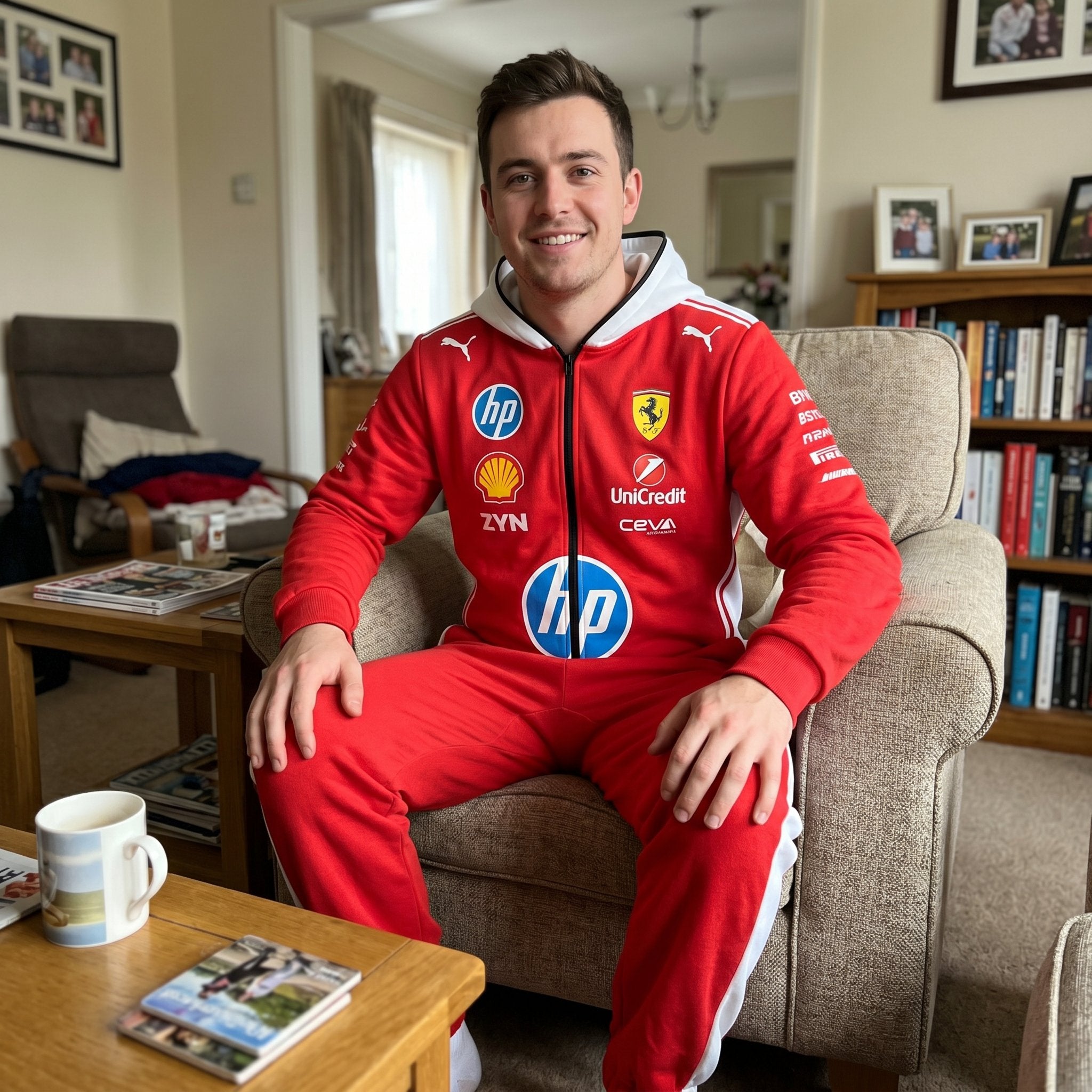 Ferrari Racing Suit on smiling man in armchair - red hooded F1 jumpsuit with Ferrari shield, HP, Puma, Shell, ZYN logos