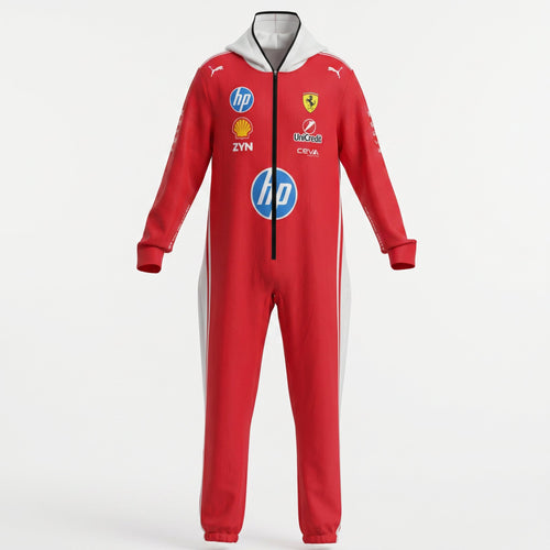 Front view Ferrari F1 hooded jumpsuit on mannequin - red with white stripes, hood lining and team sponsor logos