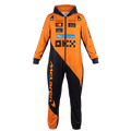 McLaren 2025 F1 team jumpsuit front view orange and black with sponsor logos and hood