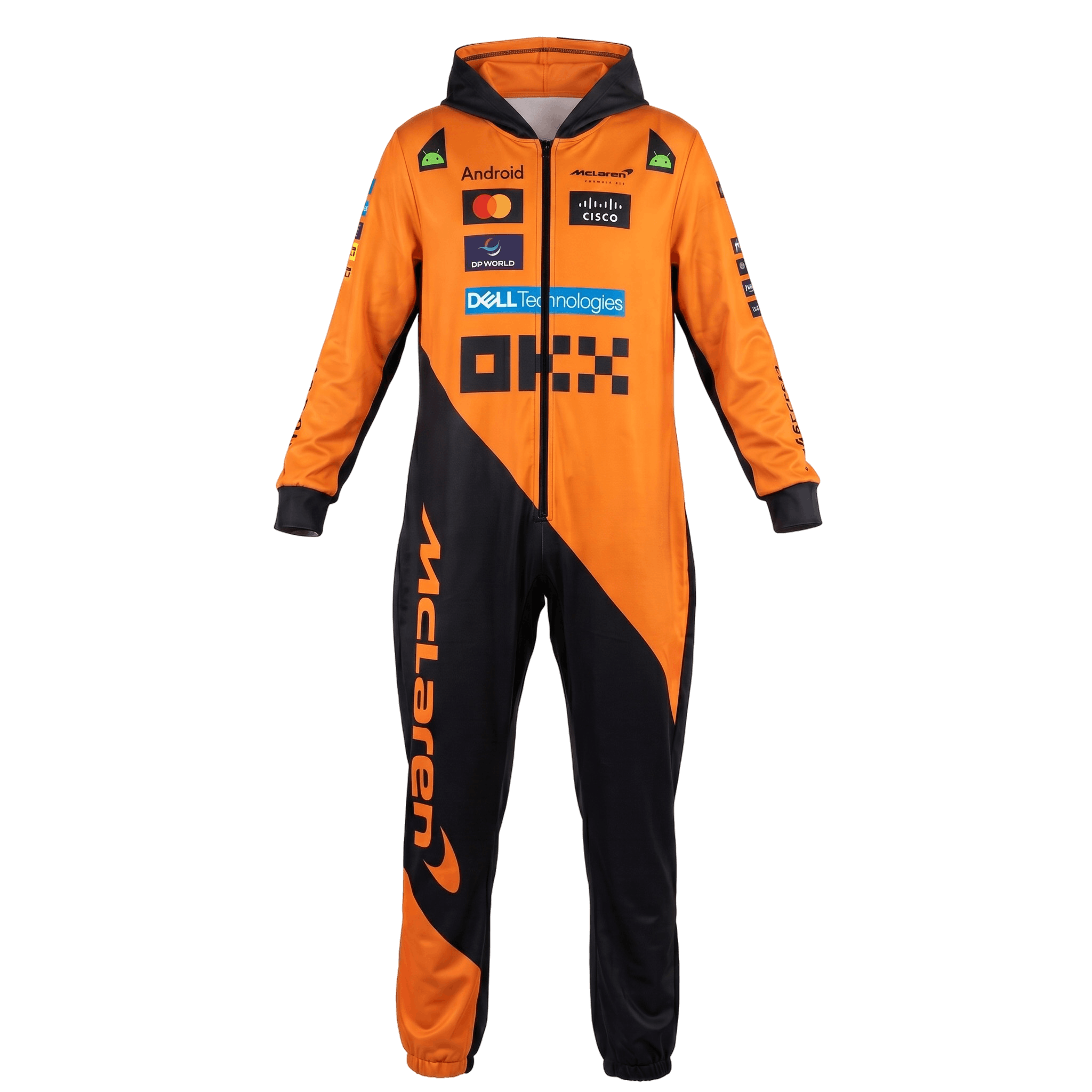 McLaren 2025 F1 team jumpsuit front view orange and black with sponsor logos and hood