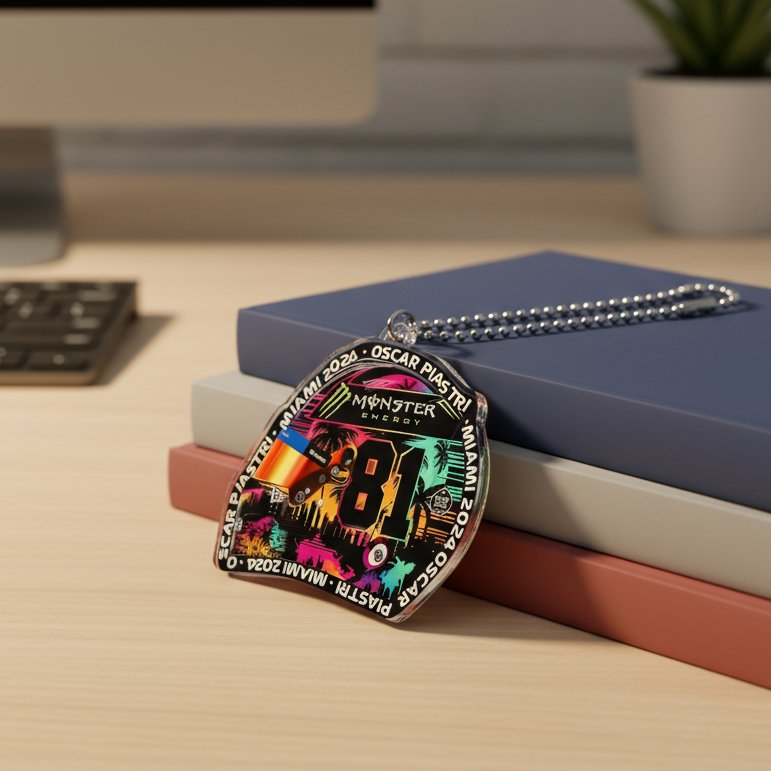 Personalized Oscar Piastri McLaren F1 helmet ornament lifestyle shot leaning on colorful books beside keyboard and plant