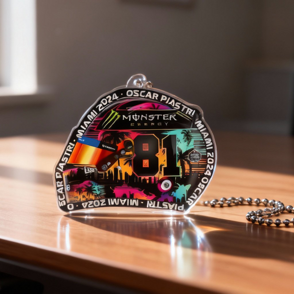 Oscar Piastri helmet acrylic ornament front view with Miami number 81 design and silver ball chain on wooden surface