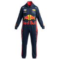 Red Bull 2015 racing jumpsuit front view with hood navy and red sponsor logos including Puma and Aston Martin