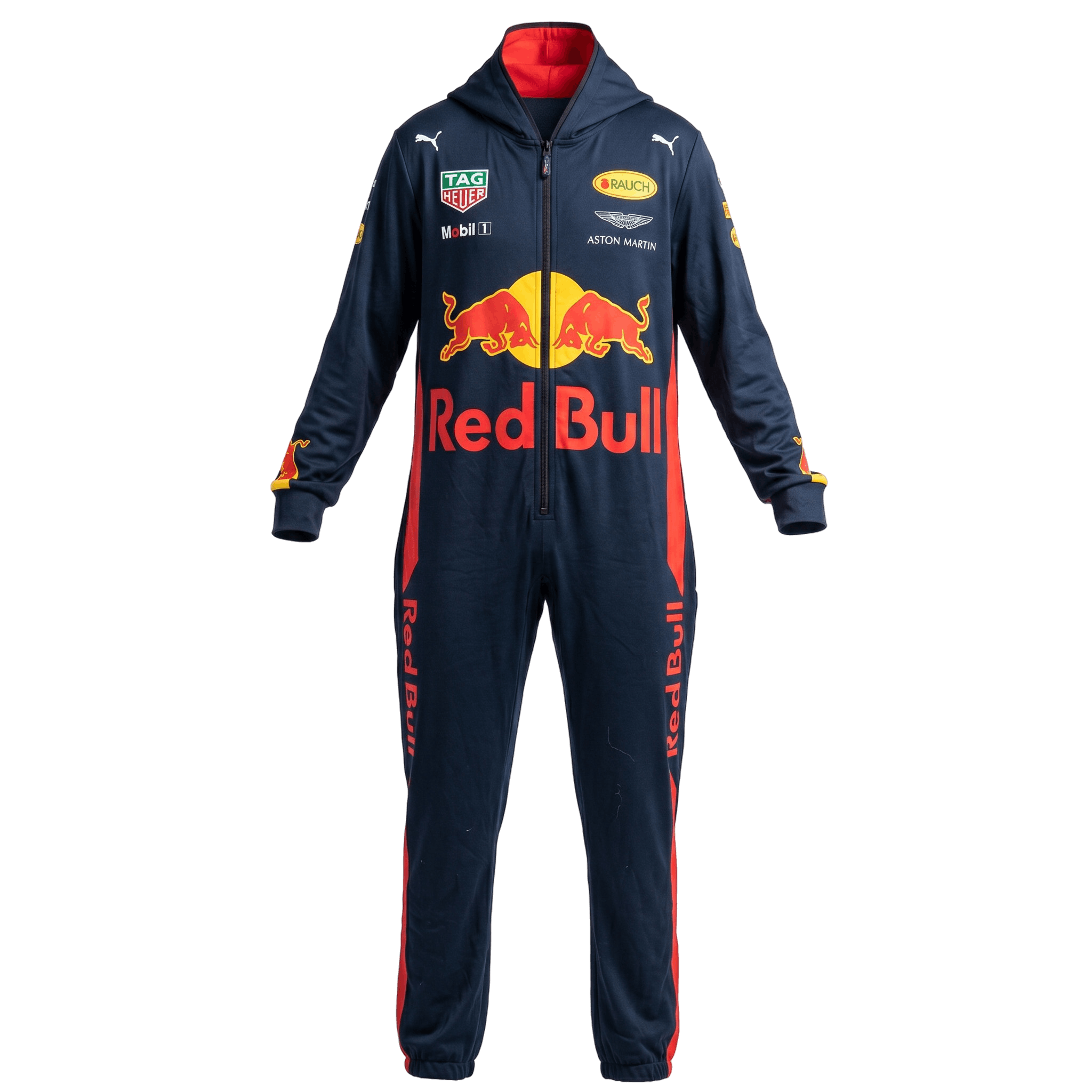 Red Bull 2015 racing jumpsuit front view with hood navy and red sponsor logos including Puma and Aston Martin